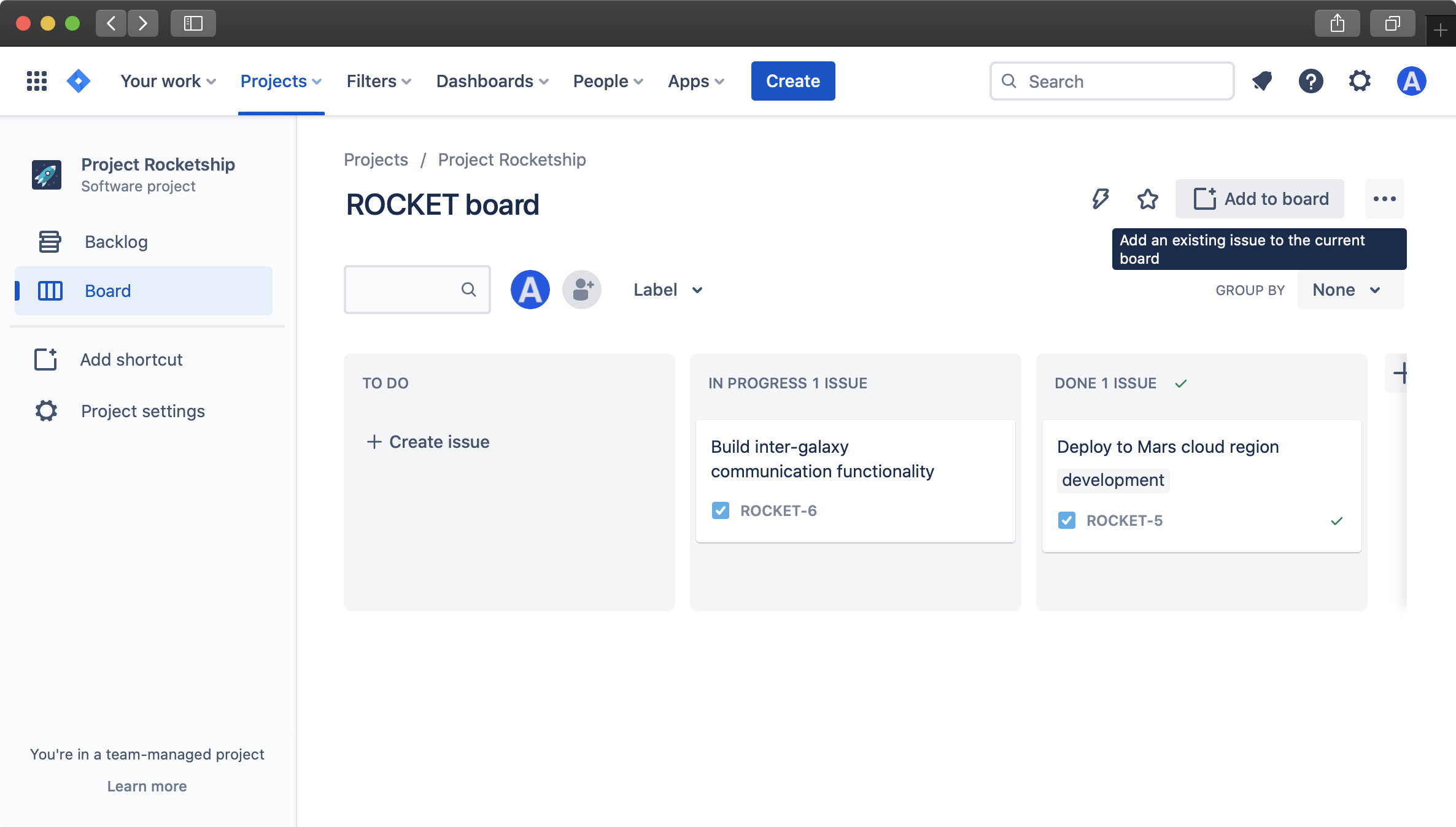 Displaying Jira board with Add to board button