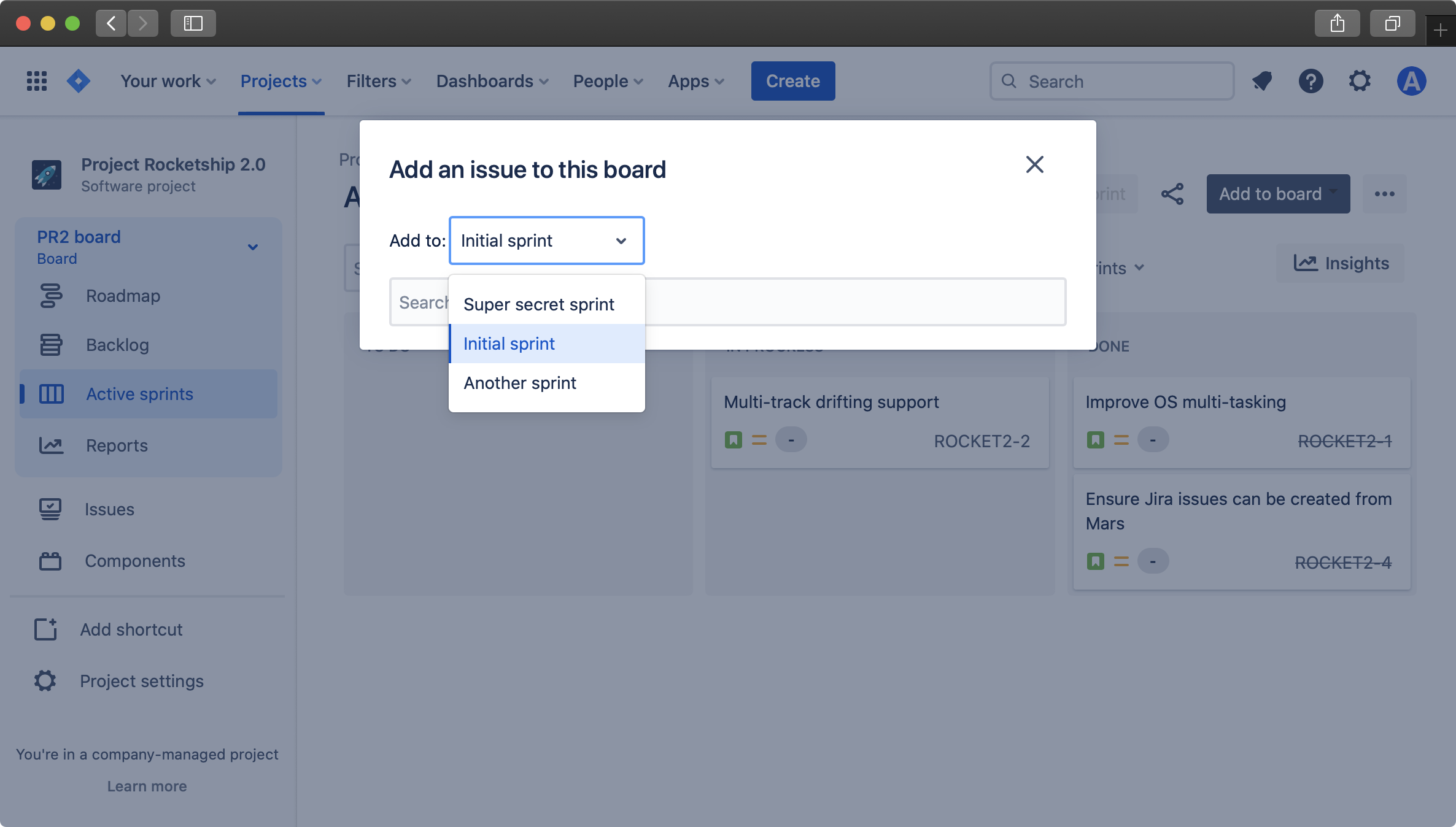 Add to board dialog with parallel sprint selector dropdown open