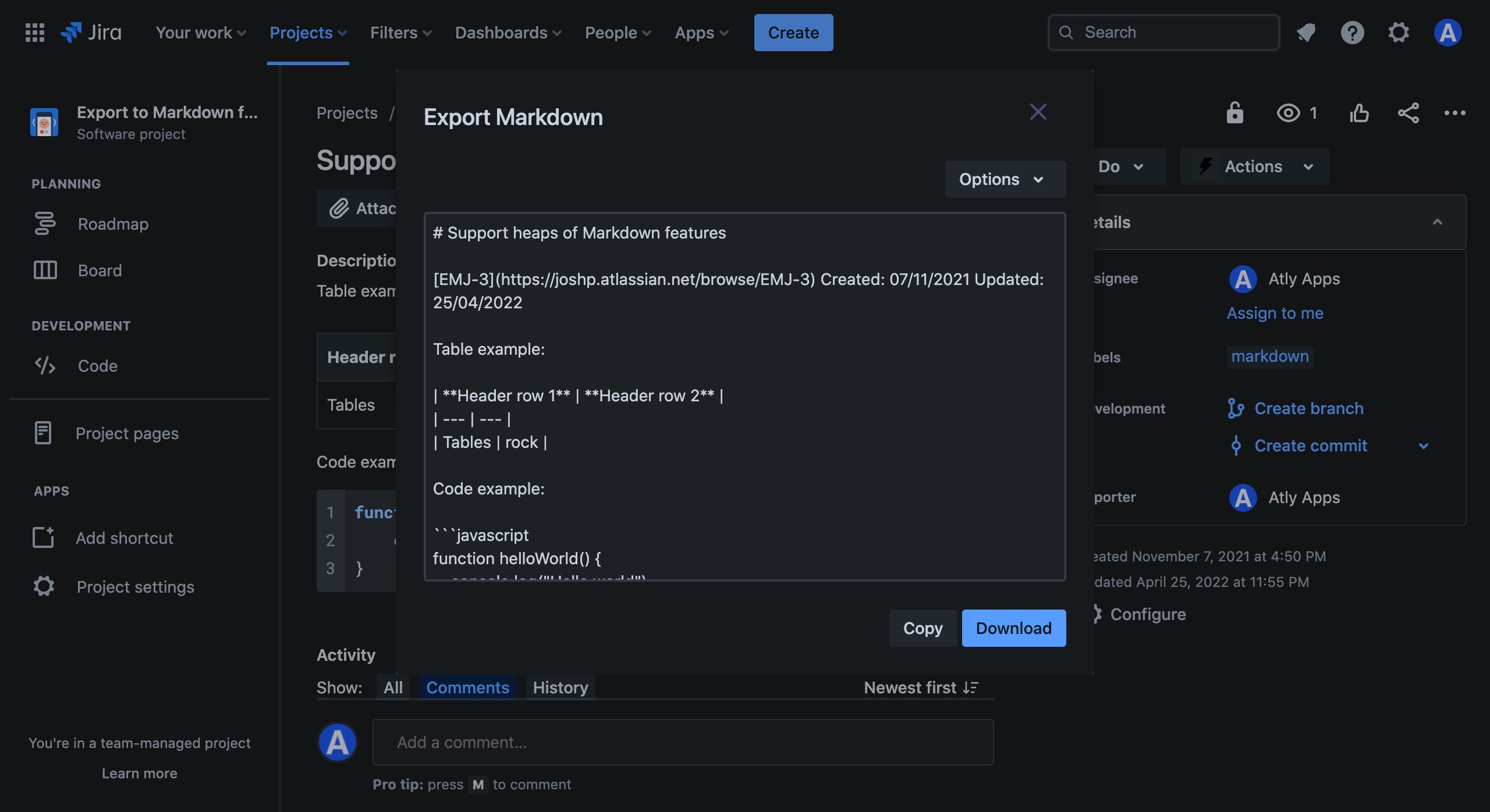 Export to Markdown for Jira Cloud in Dark Mode