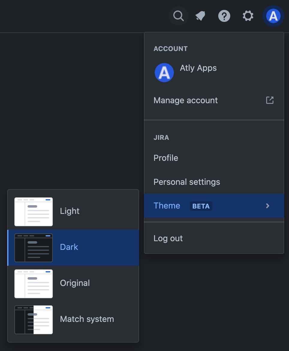 Setting Jira Cloud theme to Dark from the dropdown