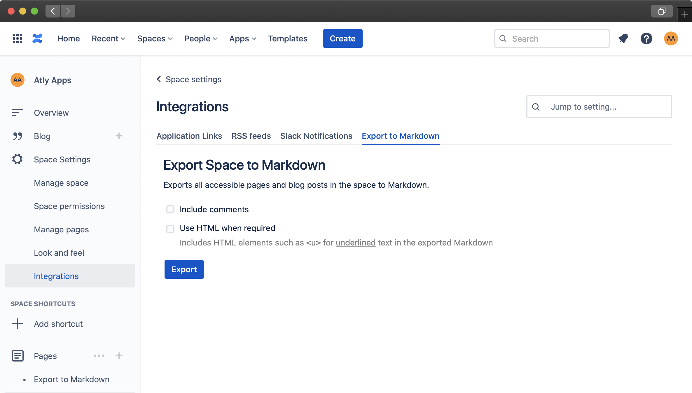 Exporting a whole space to Markdown