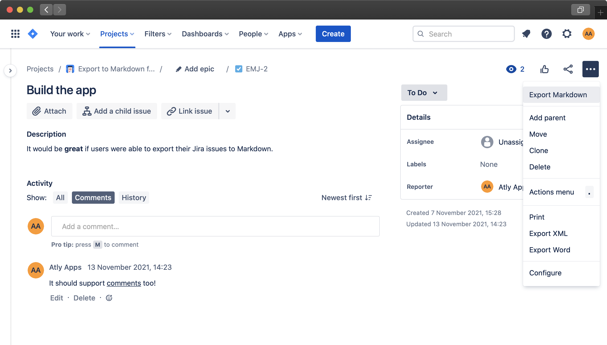 Viewing a Jira issue with actions menu