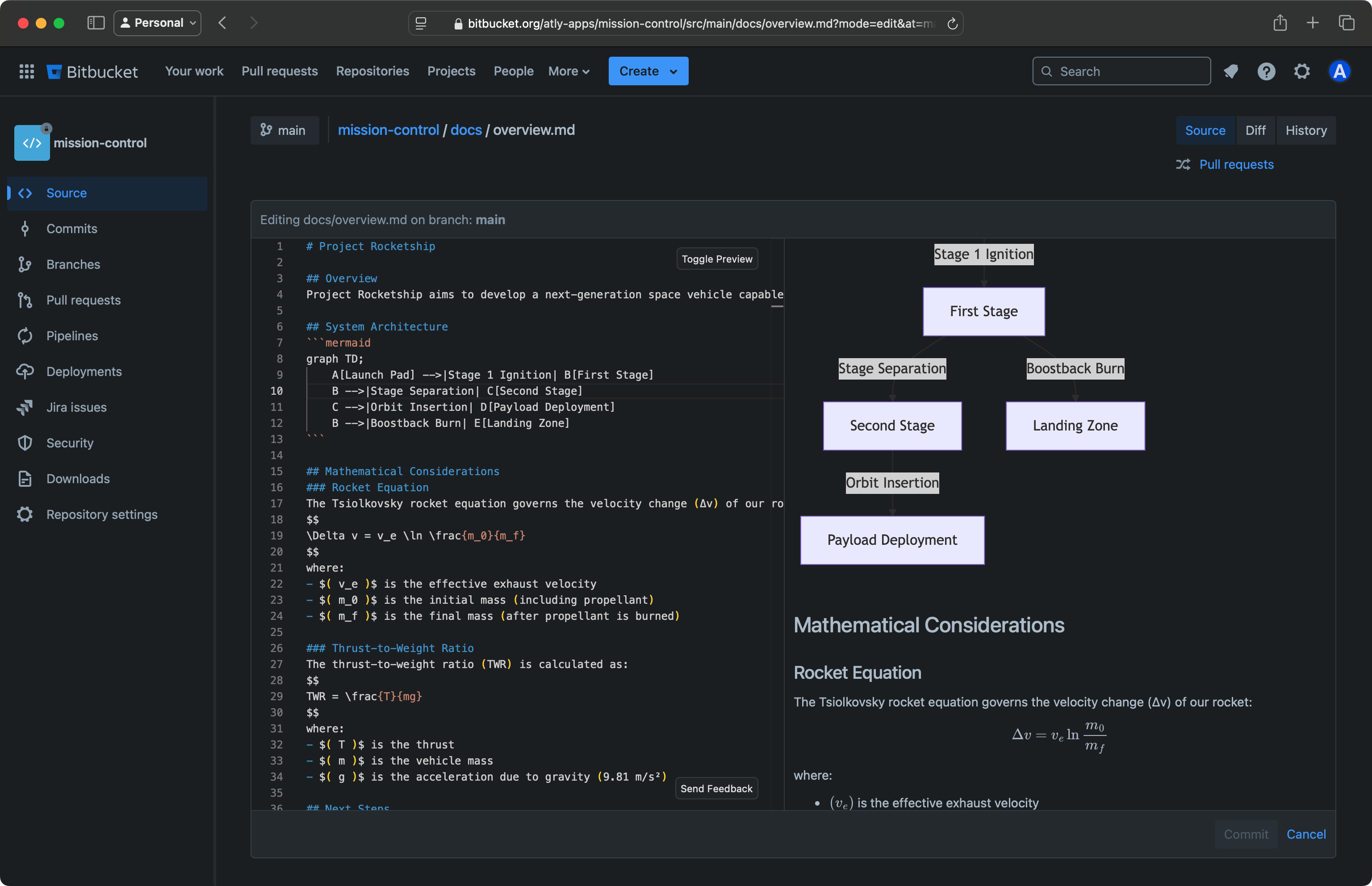 Markdown Plus editor and viewer in Bitbucket dark mode